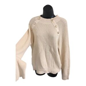 Nautica cream fishnet crochet style nautical gold button‎ sweater size large new